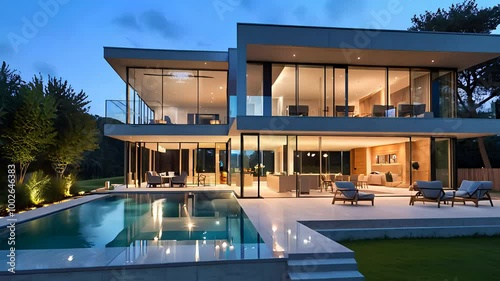 Luxury Modern House with Pool and Large Glass Windows at Dusk
