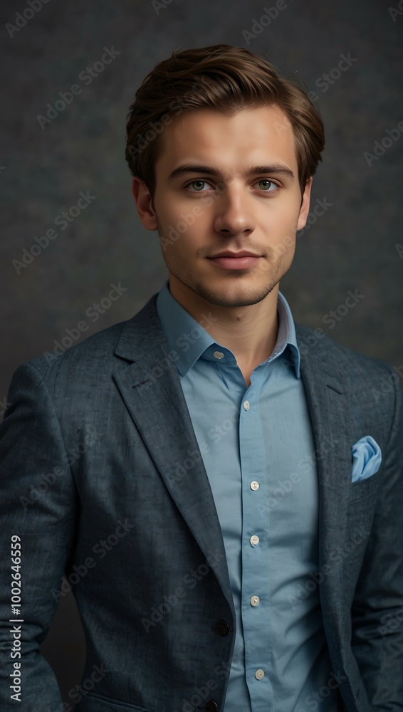 Stylish businessman in a gray blazer and blue shirt, exuding professionalism. Stylish businessman in a gray blazer and blue shirt, exuding professionalism.
