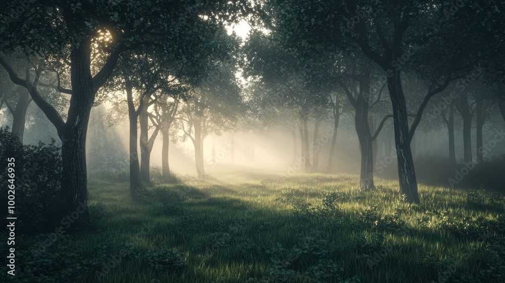A dense forest at dawn, covered in mist