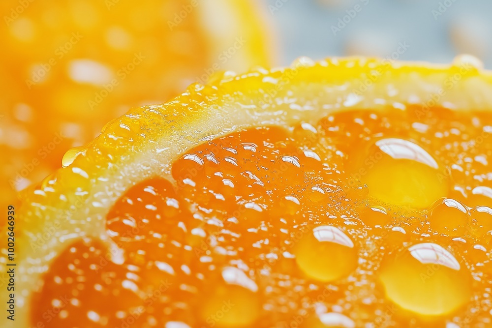 A close-up of an orange slice covered in glistening droplets highlights freshness and juiciness in vibrant detail. A close-up of an orange slice covered in glistening droplets highlights freshness and juiciness in vibrant detail.