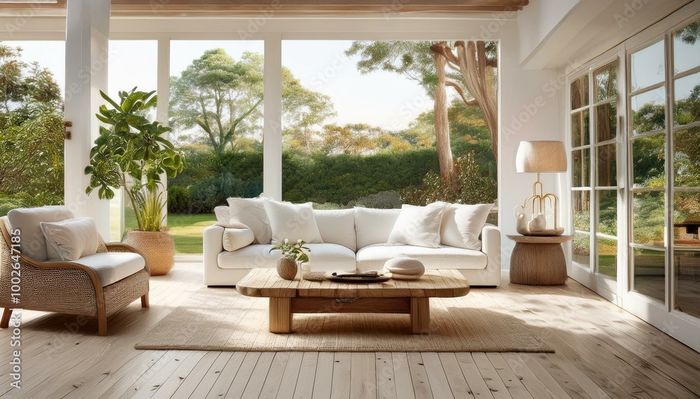 a stylish gorgeous craftsman design-themed living room, set against an uncluttered background to highlight the central elements, backyard patio and indoor space