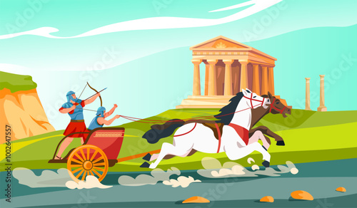 Roman chariot. Charioteer cartoon character, gladiator battle achilles warrior war soldier or greek god on wagon horse carriage, ancient sport racing recent vector illustration
