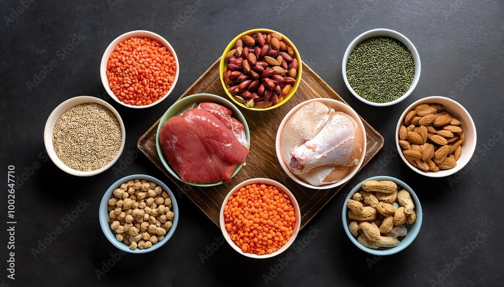 healthy ingredients for a meal, beans, lentils, peas, chicken spices healthy ingredients for a meal, beans, lentils, peas, chicken spices