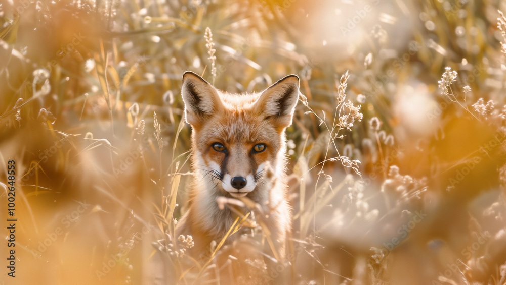 Obraz premium A fox glimpsed through the grass, the image focusing on its outline and the light