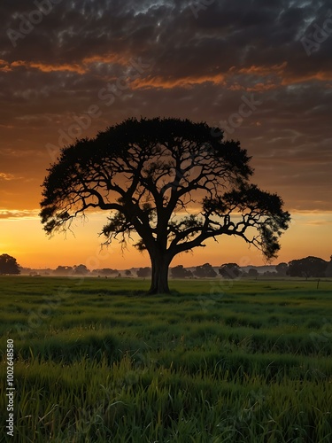 Sunset over a vast field with a silhouetted tree and rustling grass.