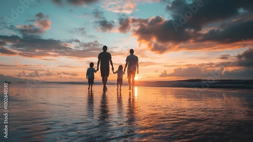 Family Strolling on Serene Beach at Sunset Captures Togetherness and Tranquility