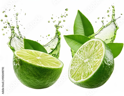 fresh fruity lemon pieces, orange and lime pieces on white background with a splash of water © Gabriella88