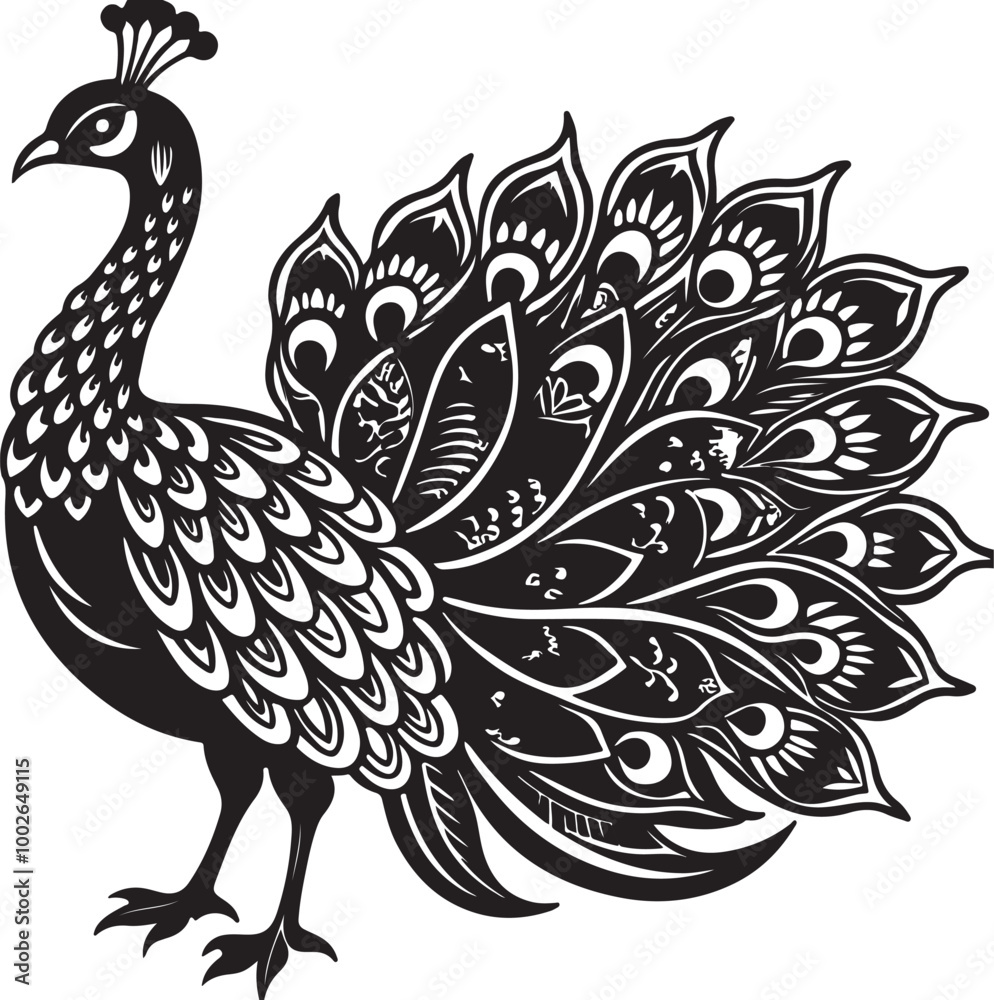 Fototapeta premium Vector art silhouette of a peacock in black against a white background, highlighting its graceful form and feathers