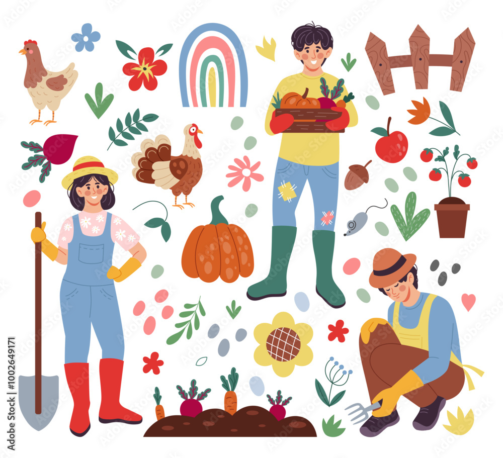 House farm. Cute gardener. Happy agriculture worker. Care of domestic animals. Farmers grow vegetables. Chicken and turkey. Organic products. Home garden. Village flowers. Vector farming elements set House farm. Cute gardener. Happy agriculture worker. Care of domestic animals. Farmers grow vegetables. Chicken and turkey. Organic products. Home garden. Village flowers. Vector farming elements set