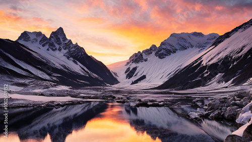 Majestic Mountain Landscape at Sunset with Snow-Covered Peaks and Reflective Lake