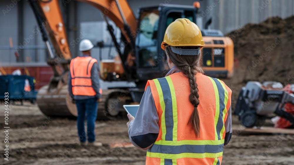 Active Construction Site Worker with Tablet Overseeing Excavation Near an Orange Excavator Active Construction Site Worker with Tablet Overseeing Excavation Near an Orange Excavator