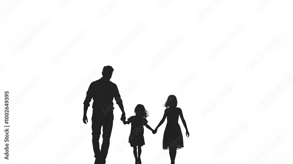 Silhouetted Family Enjoying Peaceful Outdoor Stroll Against Solid White Background Silhouetted Family Enjoying Peaceful Outdoor Stroll Against Solid White Background