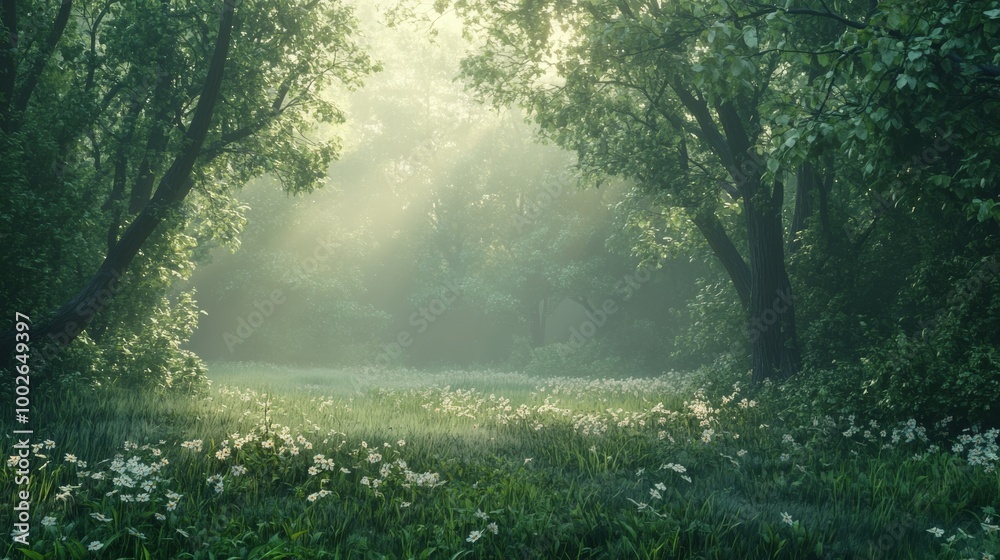 Fototapeta premium A misty forest at dawn, with soft light filtering through the trees