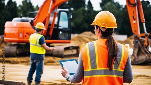 Active Construction Site Worker with Tablet Overseeing Excavation Near an Orange Excavator