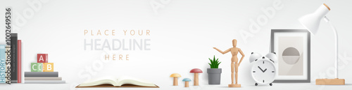 Nordic modern creative workspace for kid. Back to school minimal banner for children. Student desk home decoration, lamp mock up with Scandinavian design poster, background. 3D Vector Illustration