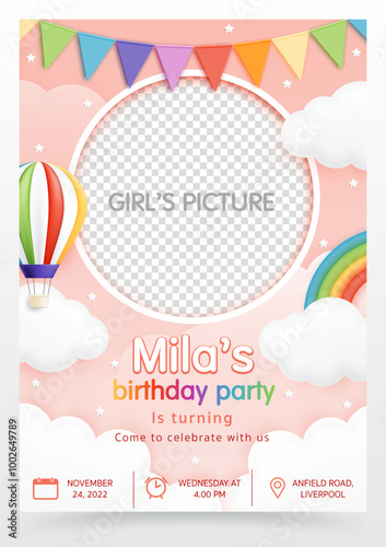 3D vector with hot air balloon and a rainbow pink background. Birthday invitation card for children, baby shower invite greeting card, kid party, social media, online, child photo frame. It's a girl