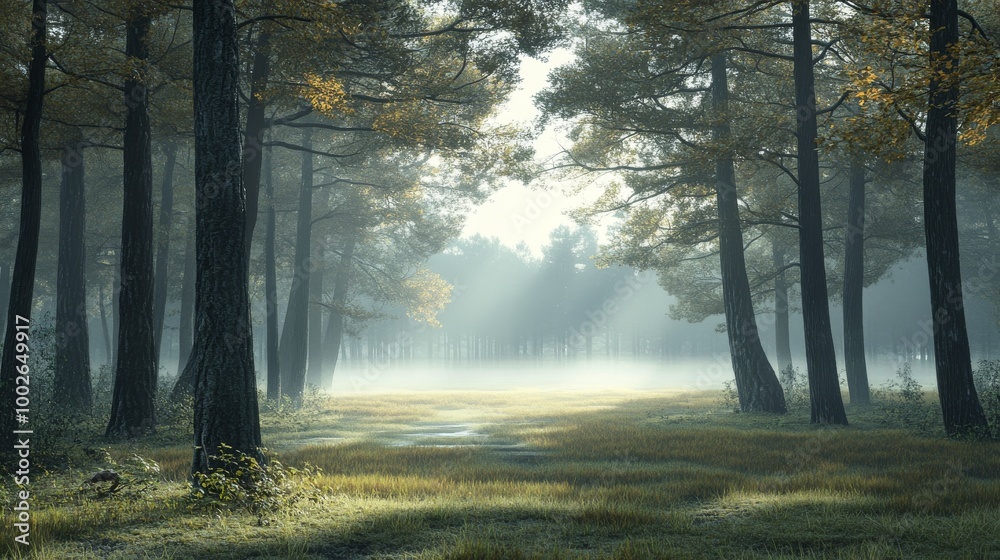 Fototapeta premium A misty woodland scene in the early morning, with soft light diffusing through the mist