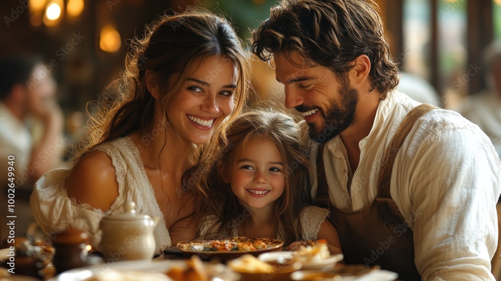 Family enjoying a meal together in a cozy restaurant setting. Family enjoying a meal together in a cozy restaurant setting.