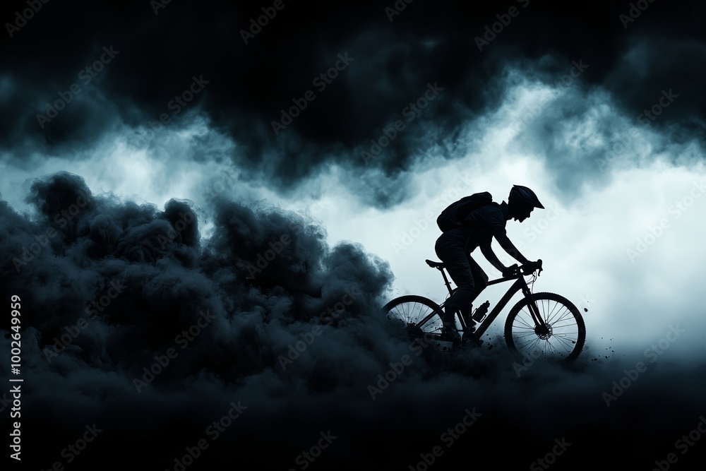 Obraz premium A silhouetted cyclist rides through a dramatic fog, embodying adventure and the thrill of exploration in a moody atmosphere.