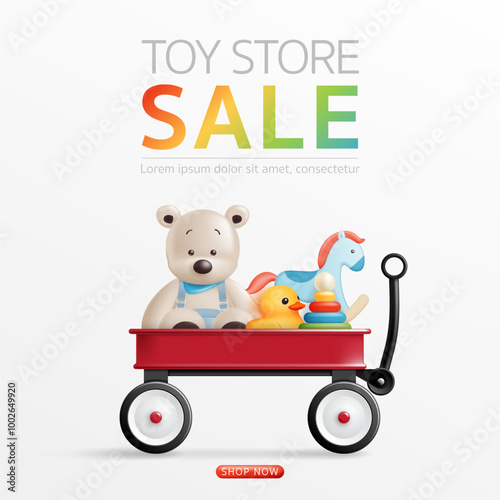 3d Toy store sale banner with cute bear, yellow duck, wooden toy in a toy wagon for kid advertisement, baby flyer, discount promotion online shop, background, poster, social media post, web. vector