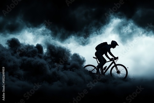 A silhouetted cyclist rides through a dramatic fog, embodying adventure and the thrill of exploration in a moody atmosphere.