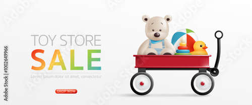 3d Toy store sale banner with cute bear, yellow duck, wooden toy in a toy wagon for kid advertisement, baby flyer, discount promotion online shop, background, poster, social media post, web. vector