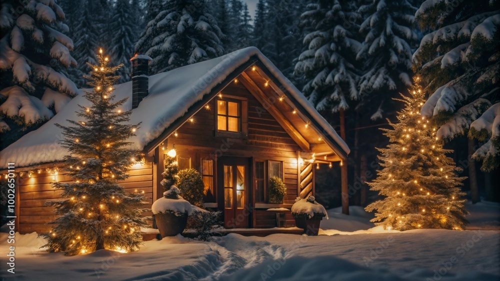 Cozy Christmas Cabin Glowing Warmly in Snowy Winter Forest. Cozy Christmas Cabin Glowing Warmly in Snowy Winter Forest.