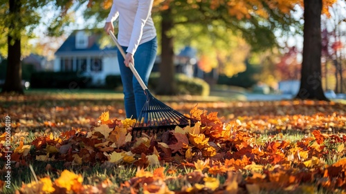 Autumn Serenity A person raking vibrant fall leaves in a peaceful suburban neighborhood, bathed in warm sunlight with a blurred house in the background