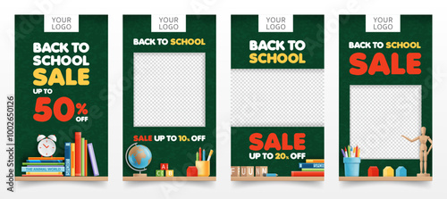 set of 3D back to school sale banner template with stationery on chalkboard background, toy, book, student desk classroom for education, backdrop, discount promotion, poster, ads online, social media