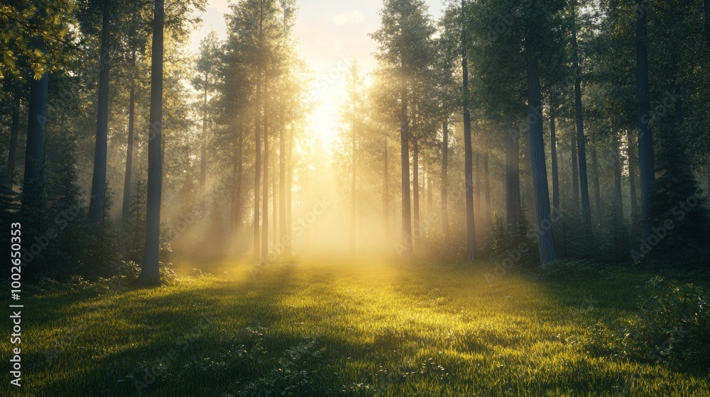 A peaceful forest at sunrise, with diffused light softly breaking through the mist A peaceful forest at sunrise, with diffused light softly breaking through the mist