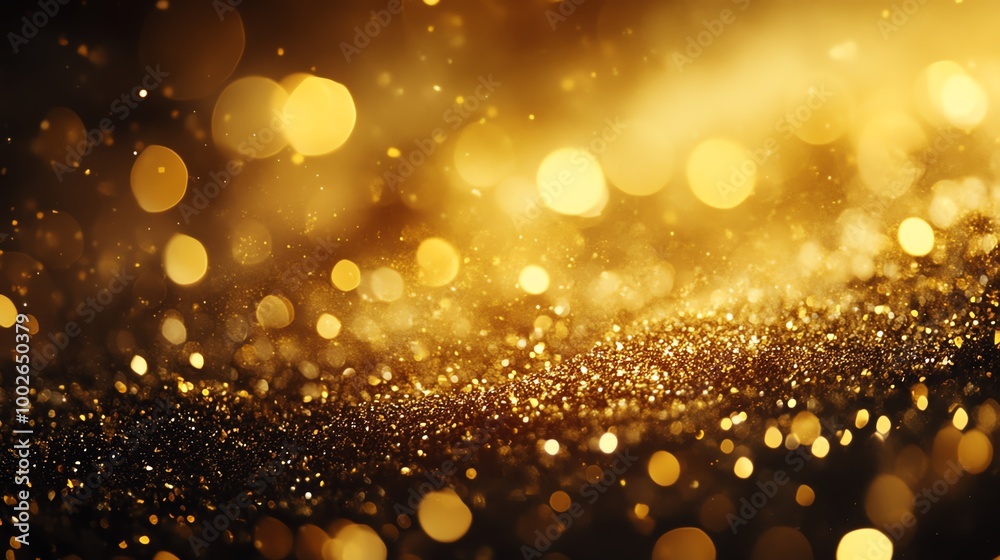 A captivating shimmering background showcasing golden bokeh lights and sparkling dust, perfect for elegant designs and celebrations. A captivating shimmering background showcasing golden bokeh lights and sparkling dust, perfect for elegant designs and celebrations.