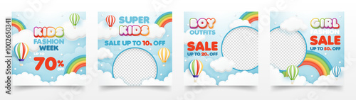 3d Kid fashion sale banner template. special discount promotion sale offer with rainbow balloon background for baby clothes toy online shop, store, advertisement, flyer, web and social media post