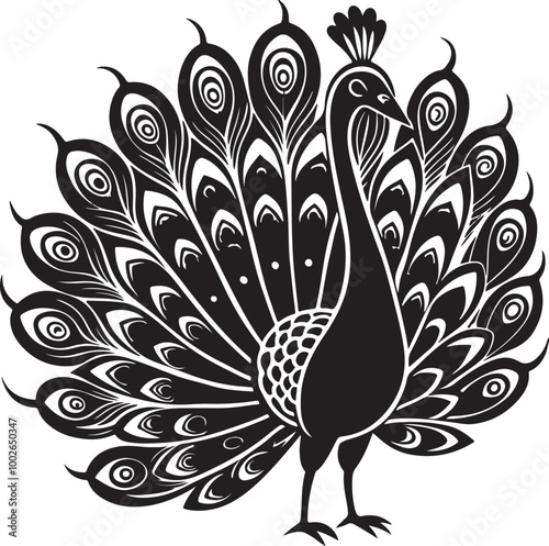 Vector art silhouette of a peacock in black against a white background, highlighting its graceful form and feathers