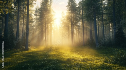 A peaceful forest at sunrise, with diffused light softly breaking through the mist