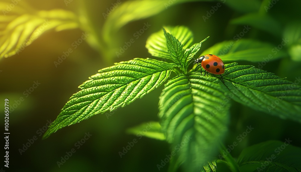 A vibrant ladybug on a lush green leaf, showcasing the beauty of nature and its intricate details in a soft, warm light. A vibrant ladybug on a lush green leaf, showcasing the beauty of nature and its intricate details in a soft, warm light.