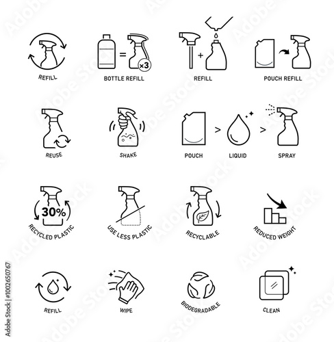 Trigger spray set icons. The outline icons are well scalable and editable. Contrasting elements are good for different backgrounds. Can be used for cleaning products, chemicals, sprayers. EPS10.