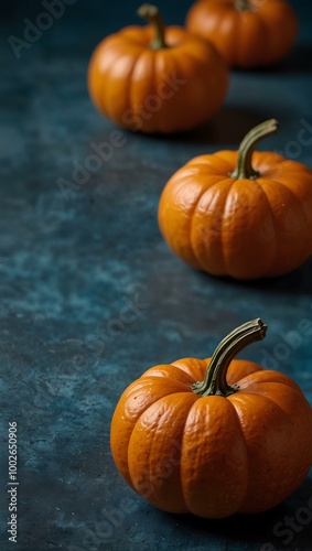 Thanksgiving pumpkins against a blue backdrop with space.