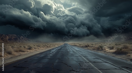 A remote desert highway with distant storm clouds, ultra detailed