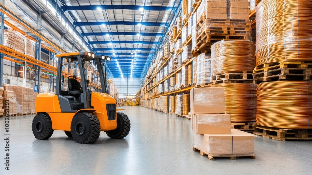 Naklejka premium Rubber cables on wheels are organized and ready for shipment in a spacious warehouse, with production lines operating in the background, preparing for customer delivery