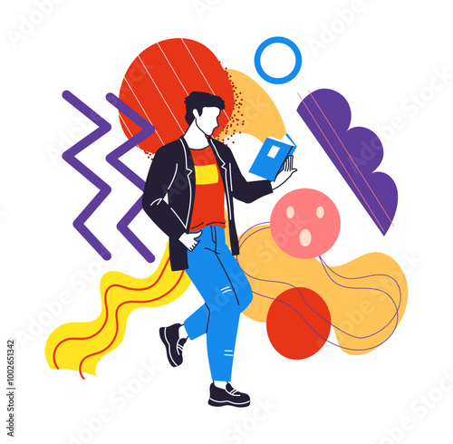 Abstract shapes. Man reading book. Smart bookworm hobby. Students education. Reader enjoying of novel. Colorful figures collage. Simple zigzag and flat squares. Minimal geometric forms. Vector concept
