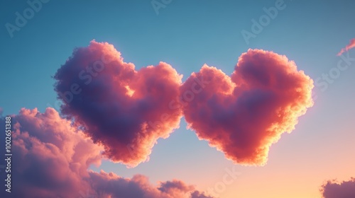 A romantic dusk sky with two clouds shaped like intertwined hearts, glowing softly in warm photo