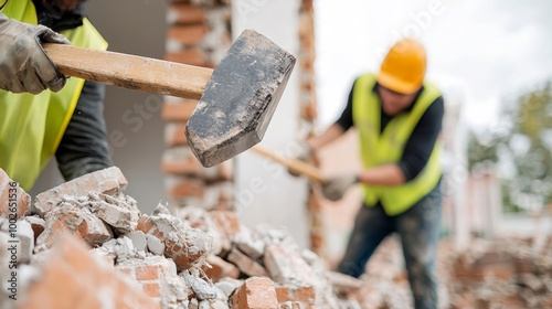 Construction workers tearing down brick walls with sledgehammers, urban redevelopment
