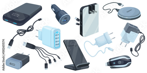 Mobile charger adapter. Smartphone chargers accessories, usb cable power adapter for charge phone battery auto adaptor electrical cord portable device, set neat vector illustration