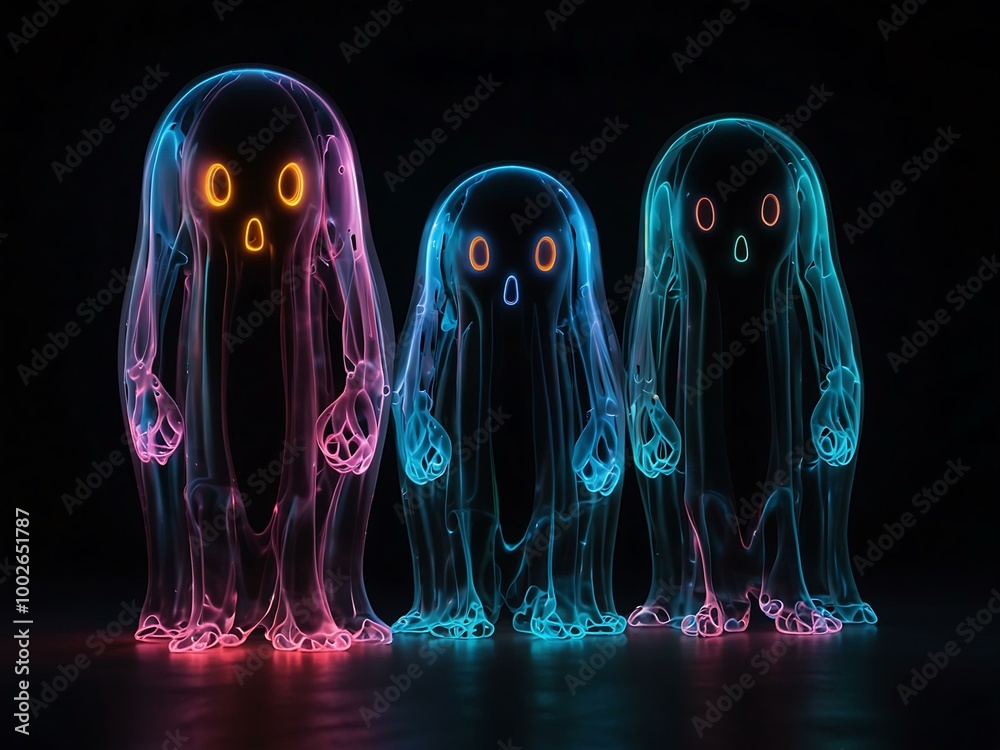 Three colorful neon ghosts with glowing eyes on a dark backdrop. Three colorful neon ghosts with glowing eyes on a dark backdrop.