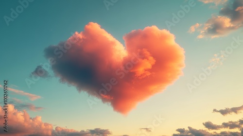 A romantic twilight sky with a large cloud shaped like a ribbon tied in a bow, softly glowing in pastel hues photo