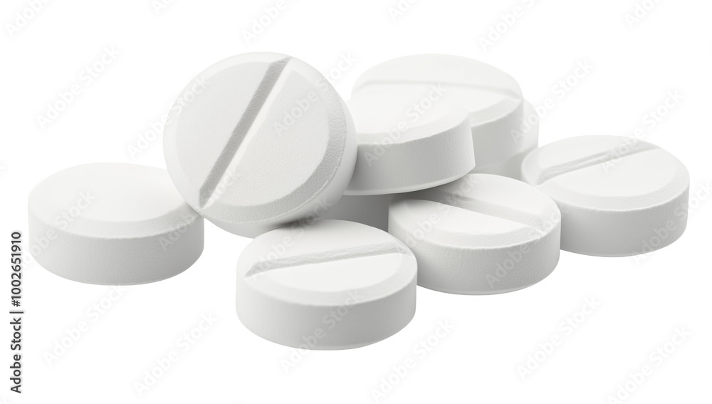 A collection of white pills isolated on a bright surface showcasing their uniform design A collection of white pills isolated on a bright surface showcasing their uniform design
