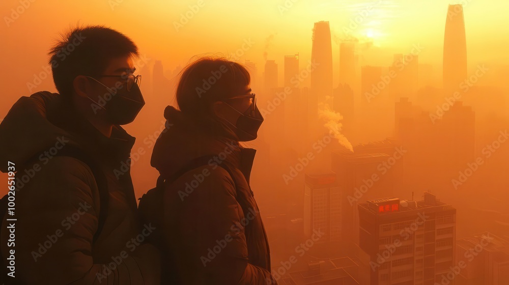 Two individuals in masks gaze at a hazy city skyline during a sunset, highlighting air pollution and urban living. Two individuals in masks gaze at a hazy city skyline during a sunset, highlighting air pollution and urban living.