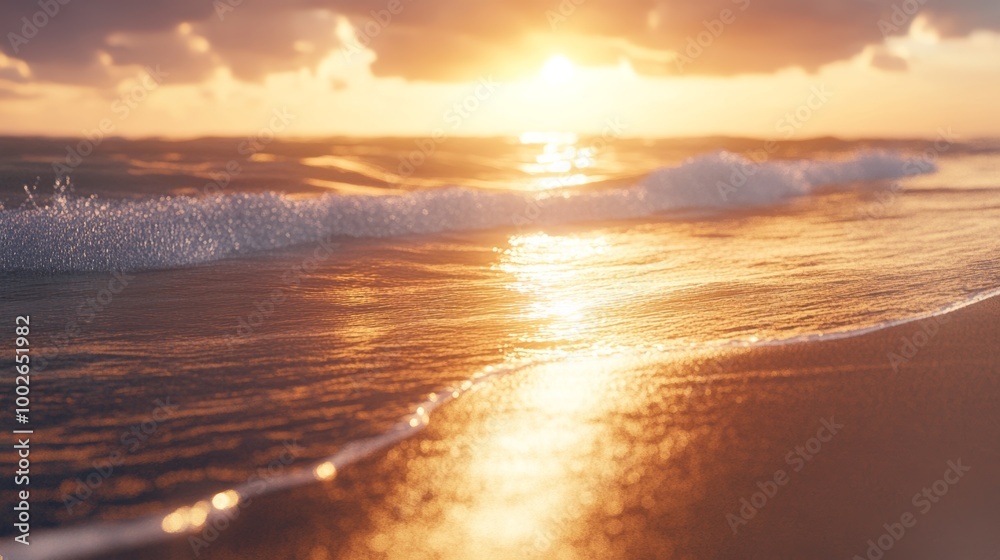 A serene beach at sunset, golden light reflecting on the sand and water A serene beach at sunset, golden light reflecting on the sand and water