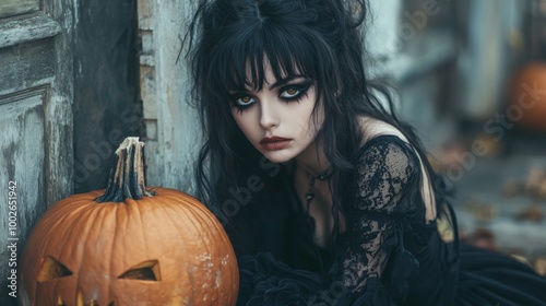 Dark Gothic Halloween Aesthetic with Pumpkins and Mysterious Girl