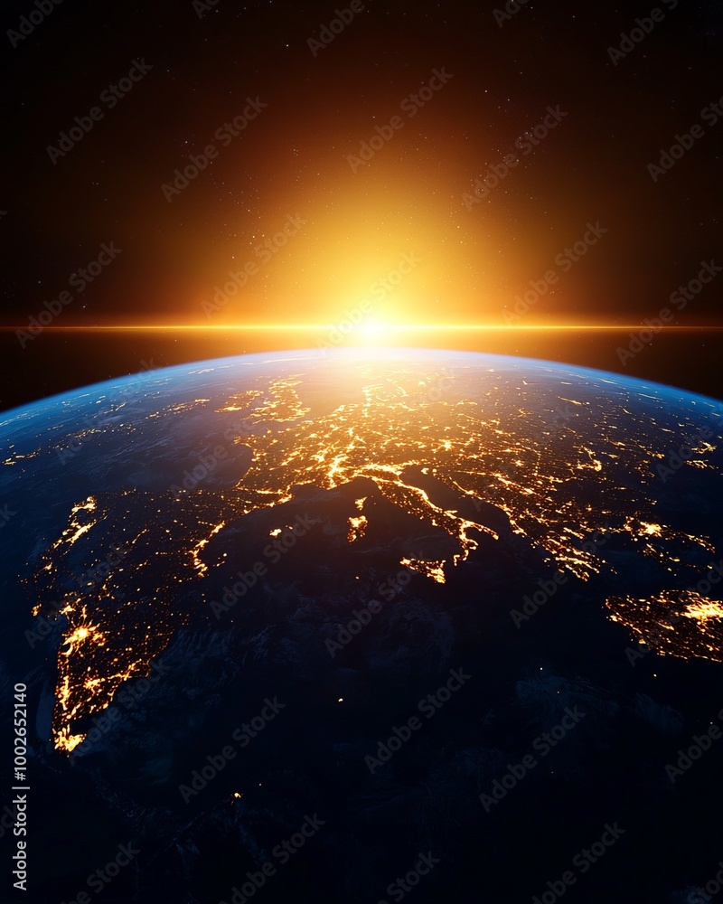 Obraz premium Stunning view of Earth from space at sunrise, showcasing vibrant colors and city lights. A breathtaking moment of natural beauty.